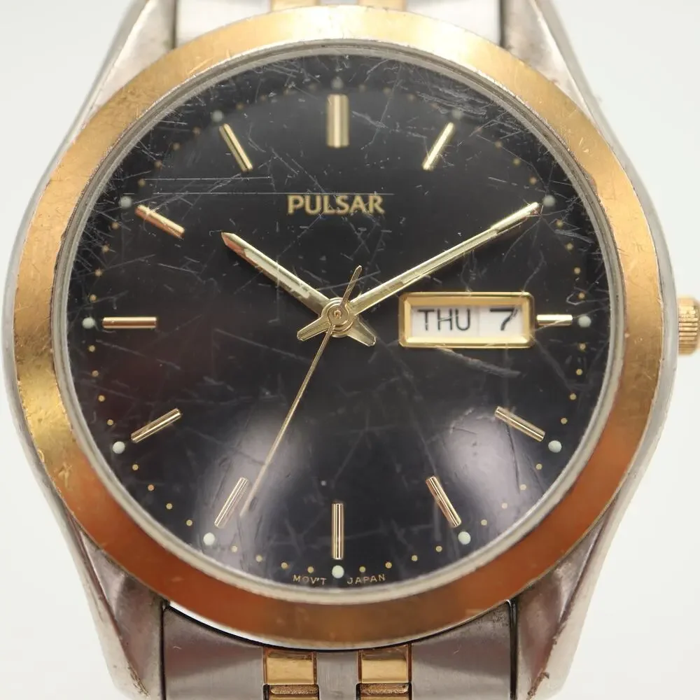 Vintage Pulsar Mens Two Tone Day Date Watch 38mm Gray Dial V733-X061 New Battery